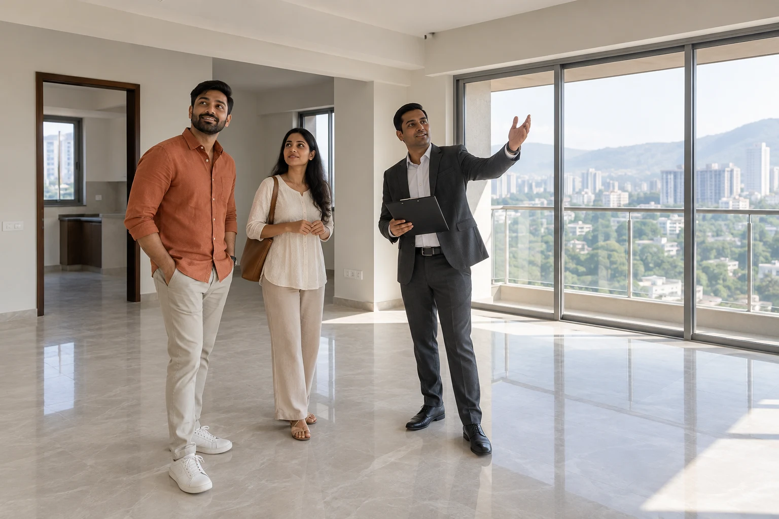 Homebuyers and an advisor exploring a bright apartment